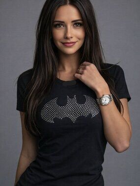 Batman t-shirt, with logo in shiny crystal like studs on front, 60% cotton